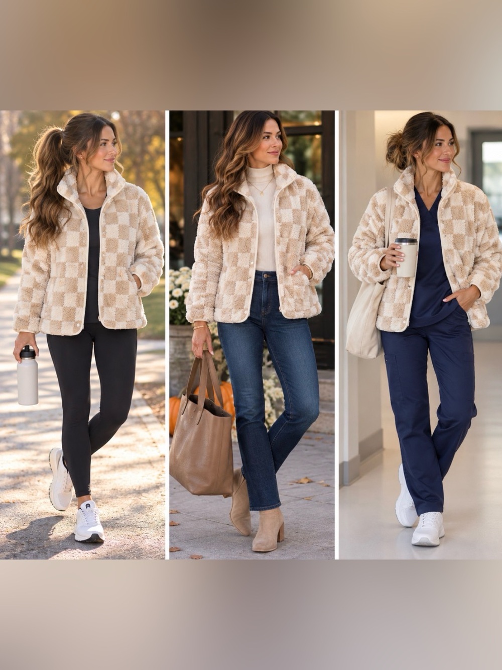 BiBi Plush Checkered Sherpa Jacket in Cream and Tan